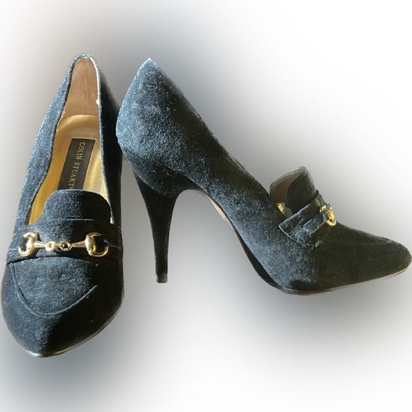 Vintage Colin Stuart black suede gold accent buckle loafer style heels pumps 7.5 - Picture 4 of 16